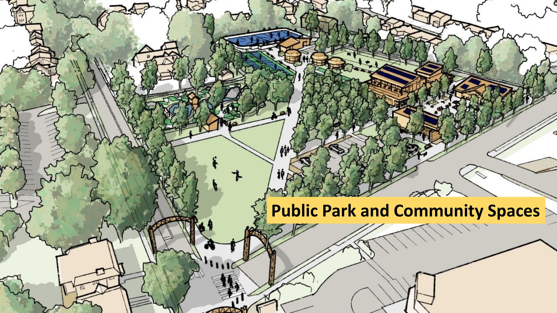 Illustrated rendering of the proposed public park with dog park, mini golf, dek hockey, open lawn, and community building