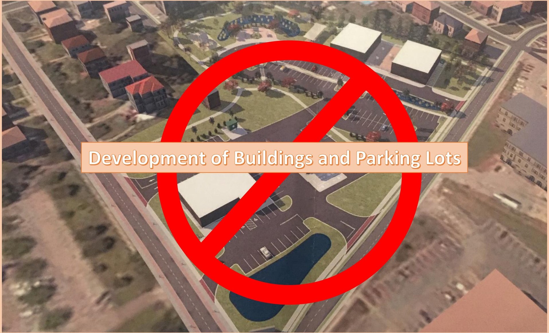 Rendering of proposed condo and commercial buildings with parking lots, marked with a red 'no' symbol